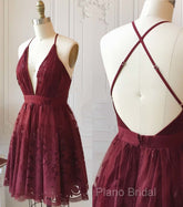 A Line V Neck Short Burgundy Lace Formal Prom Dresses, Short Burgundy Lace Formal Homecoming Dresses